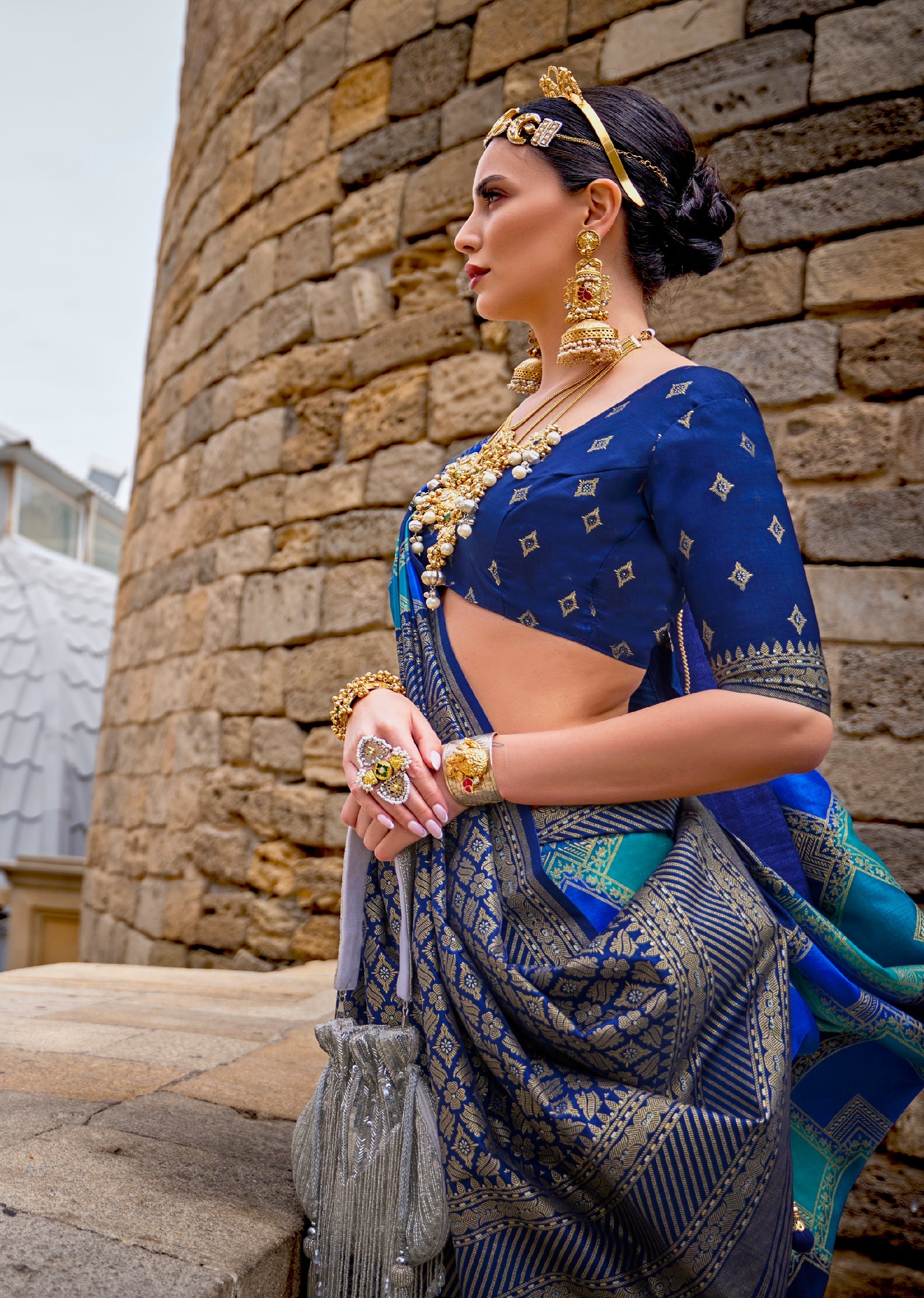 Navy Blue Weaving Border Silk Saree with Blouse