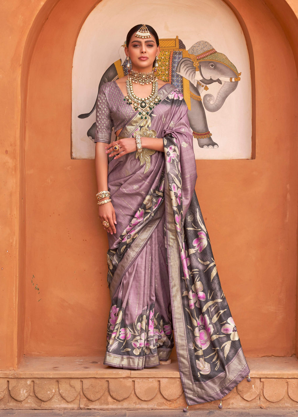Mauve soft silk saree featuring digital floral print with matching blouse piece