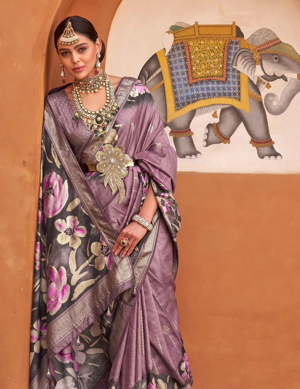 Mauve Digital Printed Soft Silk Saree with Matching Blouse