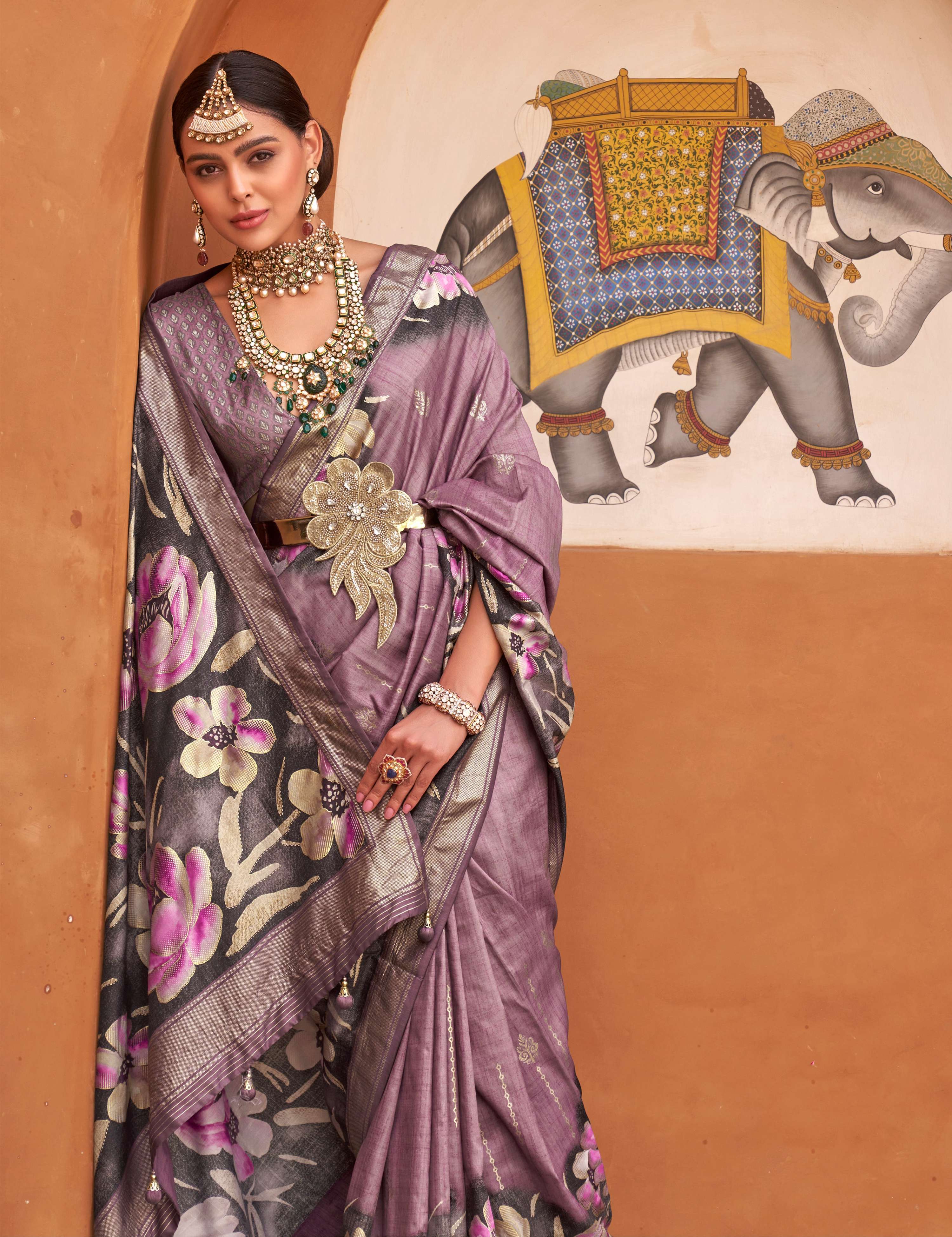Mauve Digital Printed Soft Silk Saree with Matching Blouse