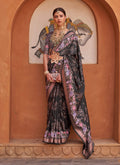 Black soft silk saree with colorful digital floral prints and matching blouse