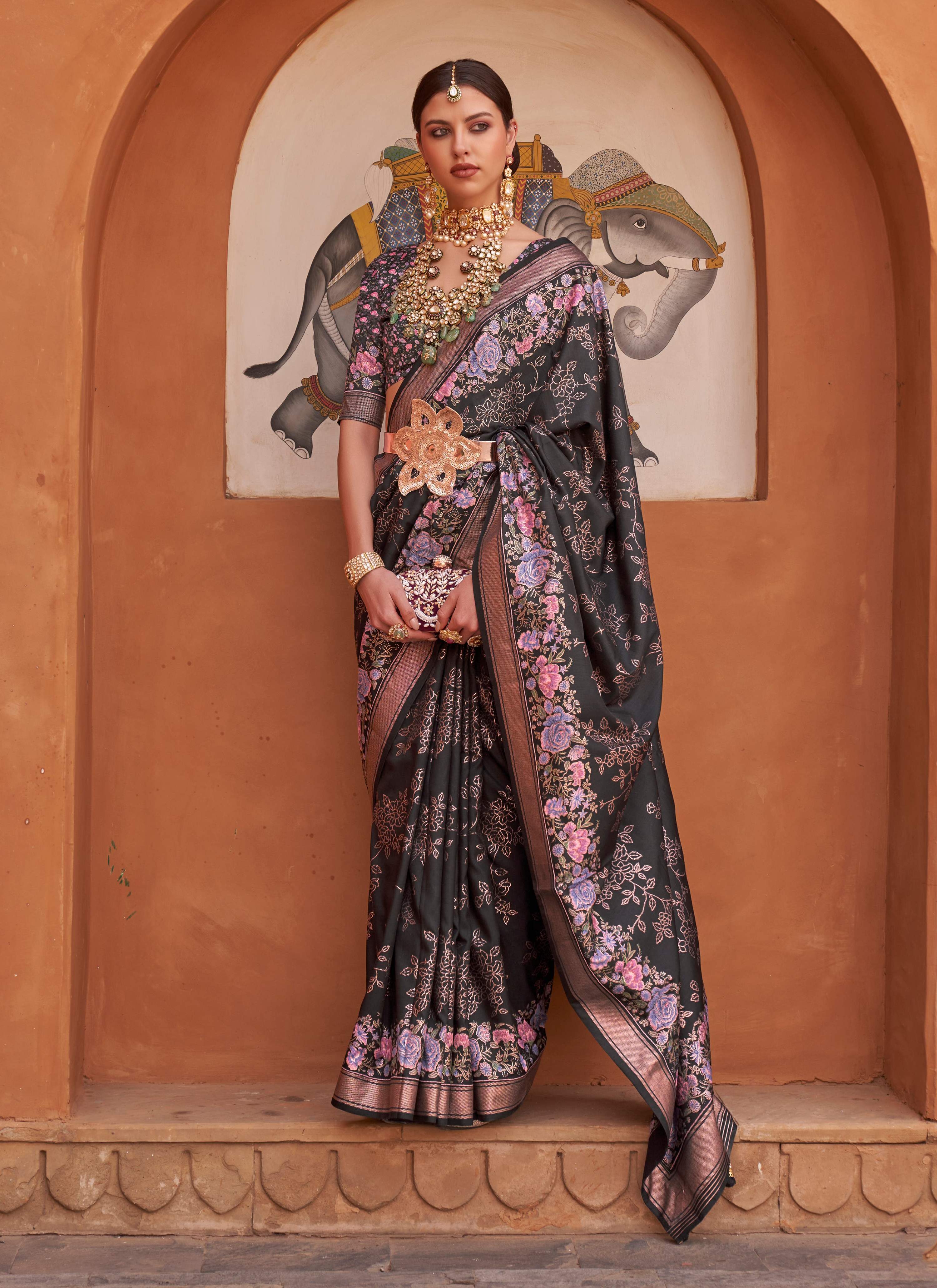 Black soft silk saree with colorful digital floral prints and matching blouse