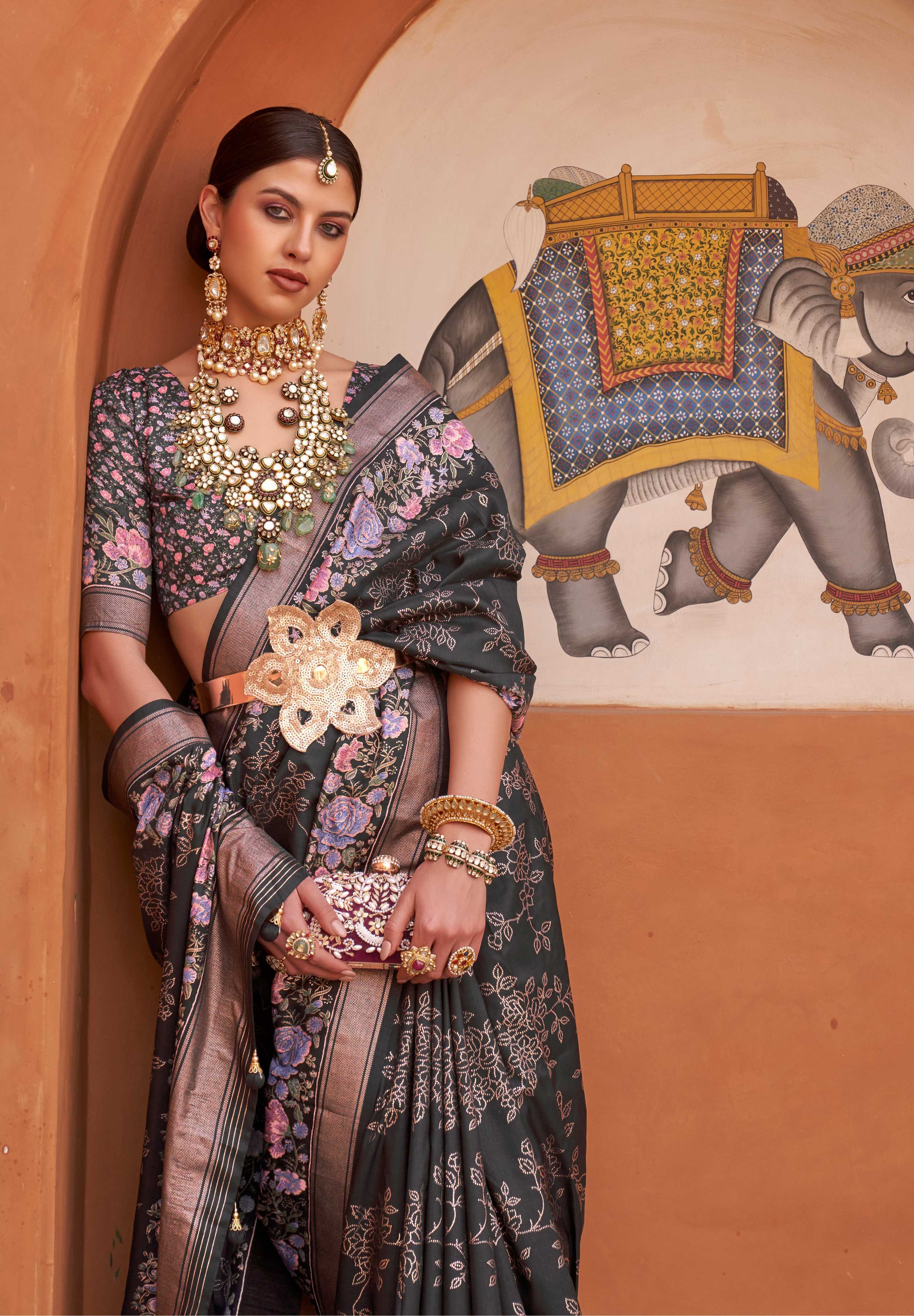 Black Digitally Printed Soft Silk Saree with Blouse