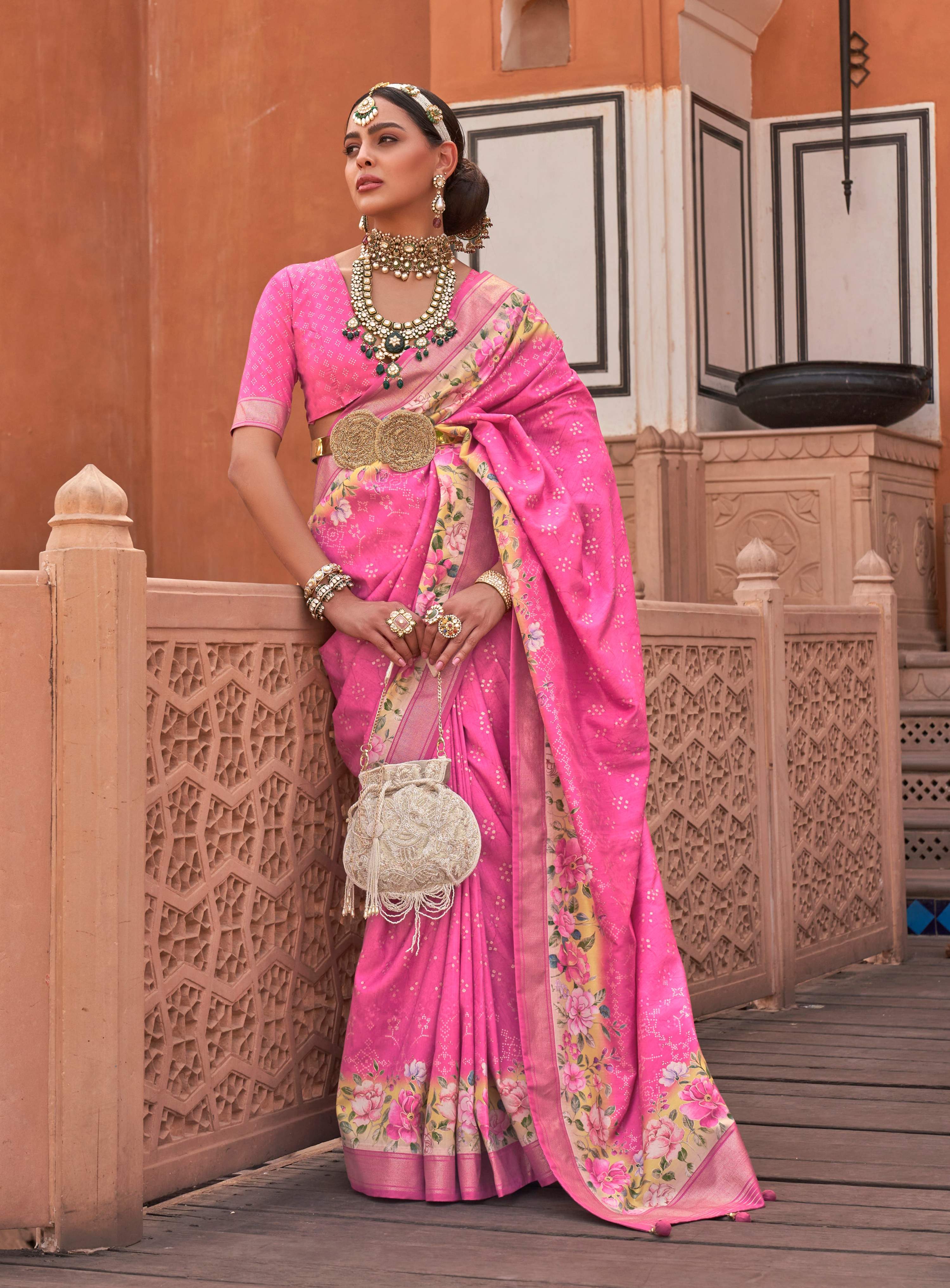 Rose Pink soft silk saree with floral digital prints and matching blouse
