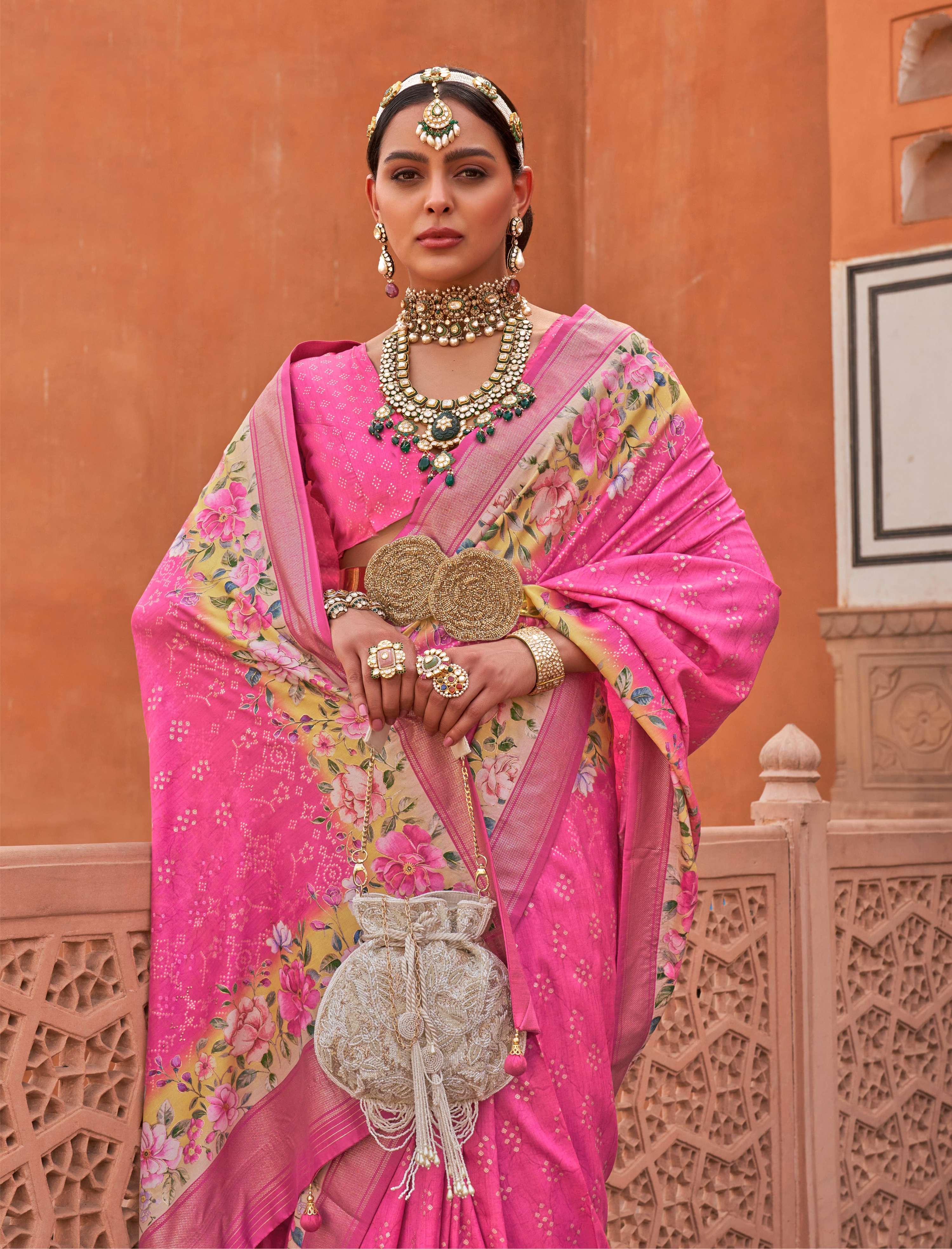 Rose Pink Digitally Printed Soft Silk Saree with Blouse