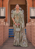 Dark beige soft silk saree with intricate digital prints and weaving details