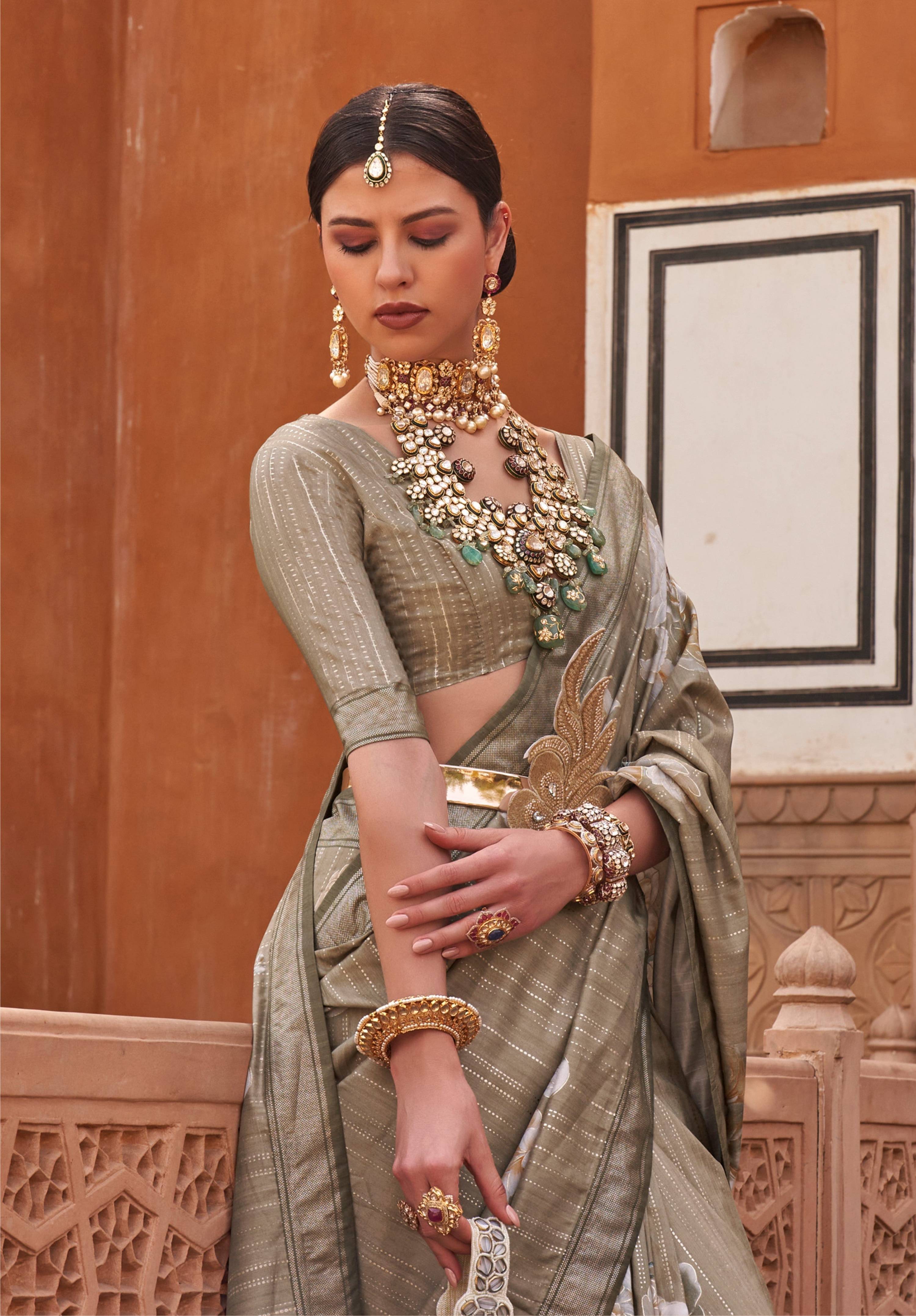 Dark Beige Digitally Printed Weaving Silk Saree with Blouse
