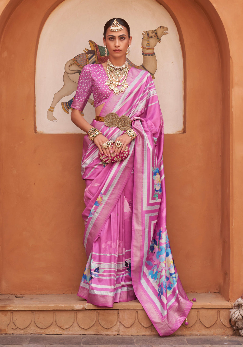 Rose pink soft silk saree with digital floral print and included blouse