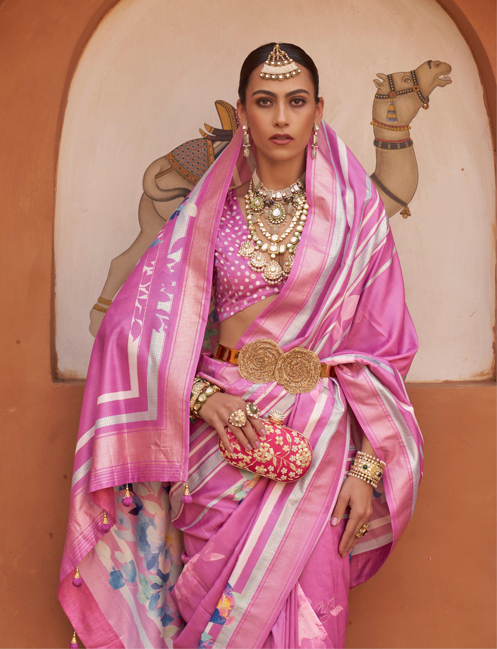 Rose Pink Silk Saree with Digital Print and Blouse