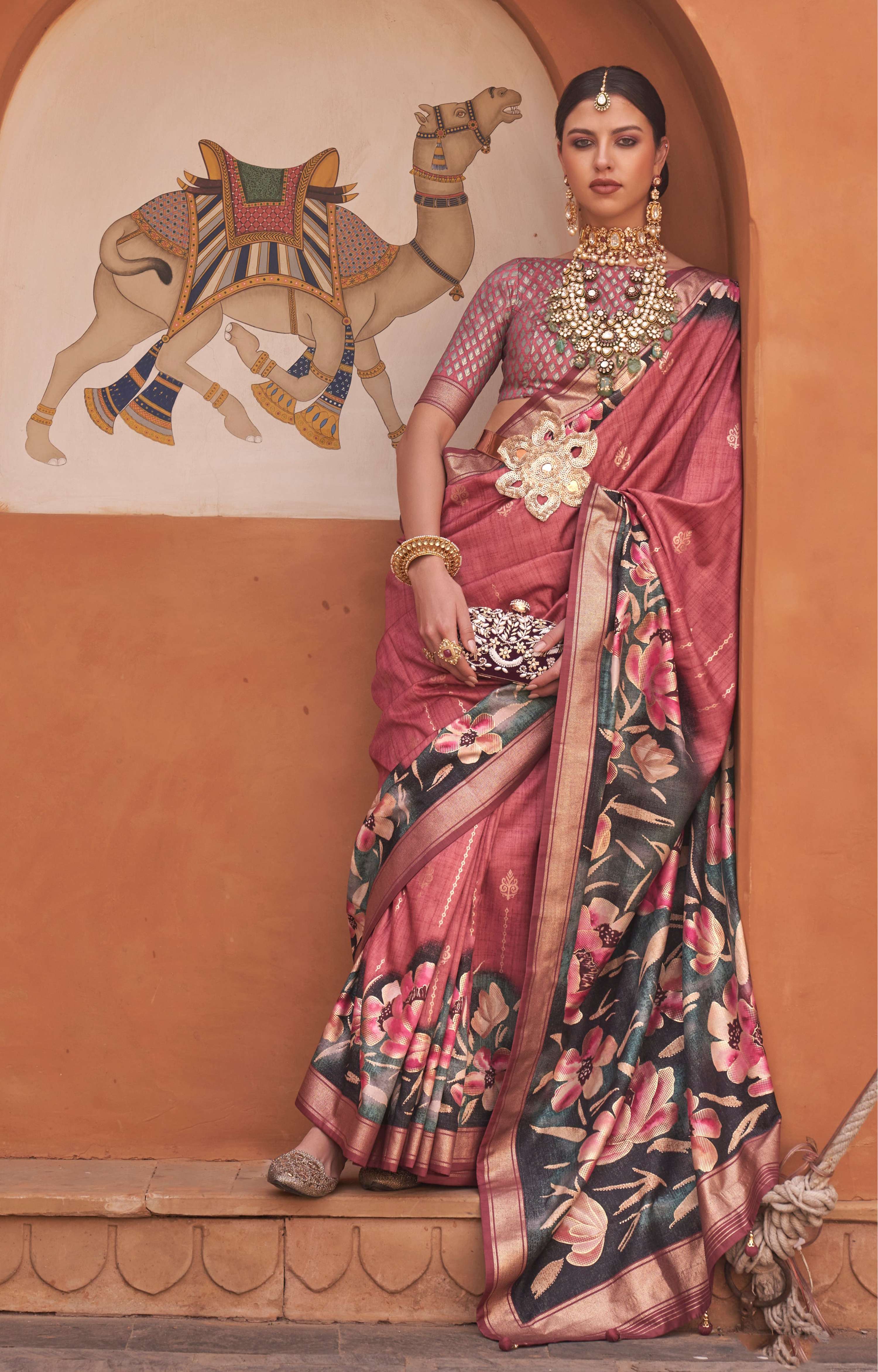 Rust colored soft silk saree with floral digital print and matching blouse