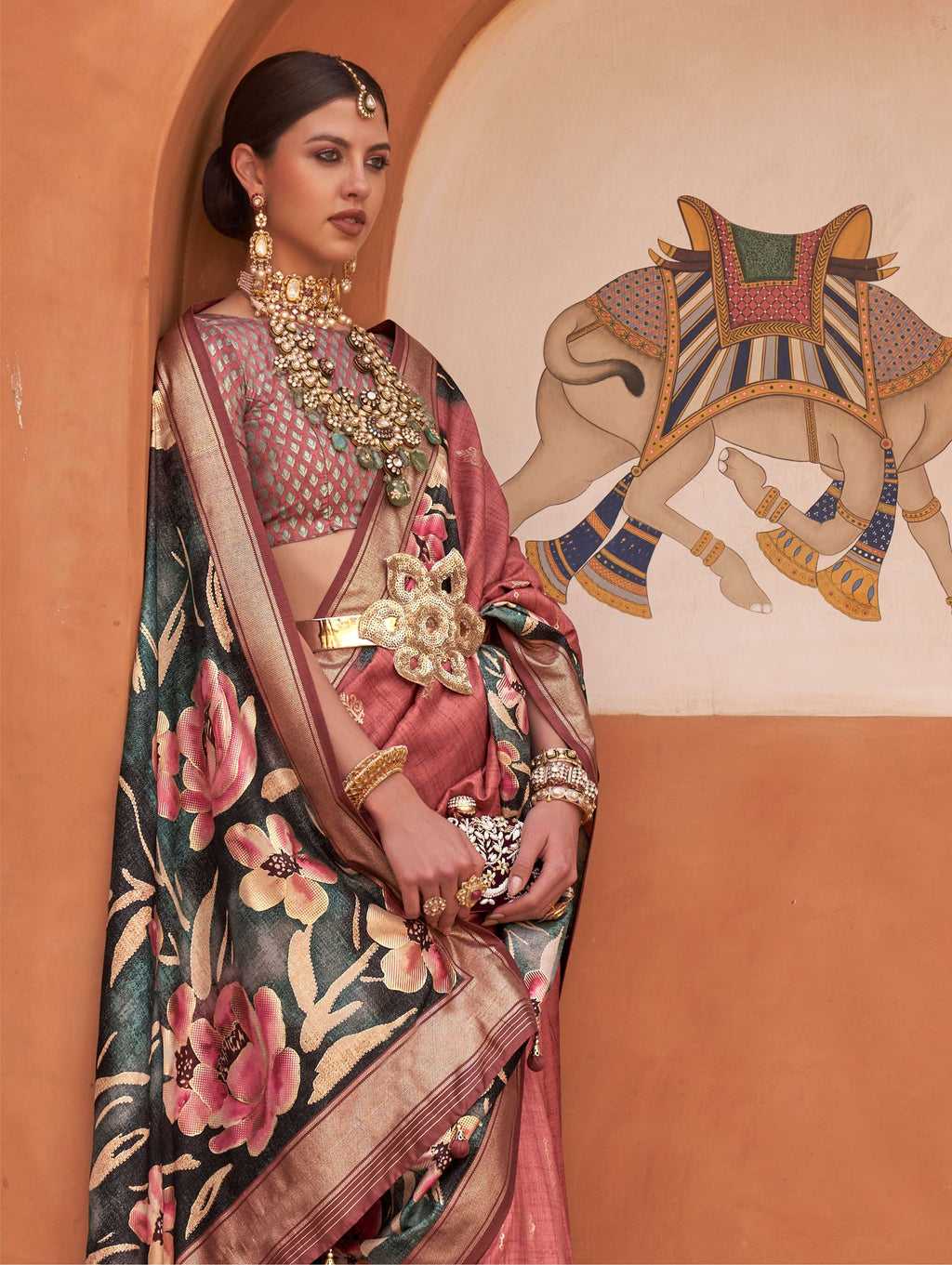 Rust Color Digitally Printed Soft Silk Saree with Blouse