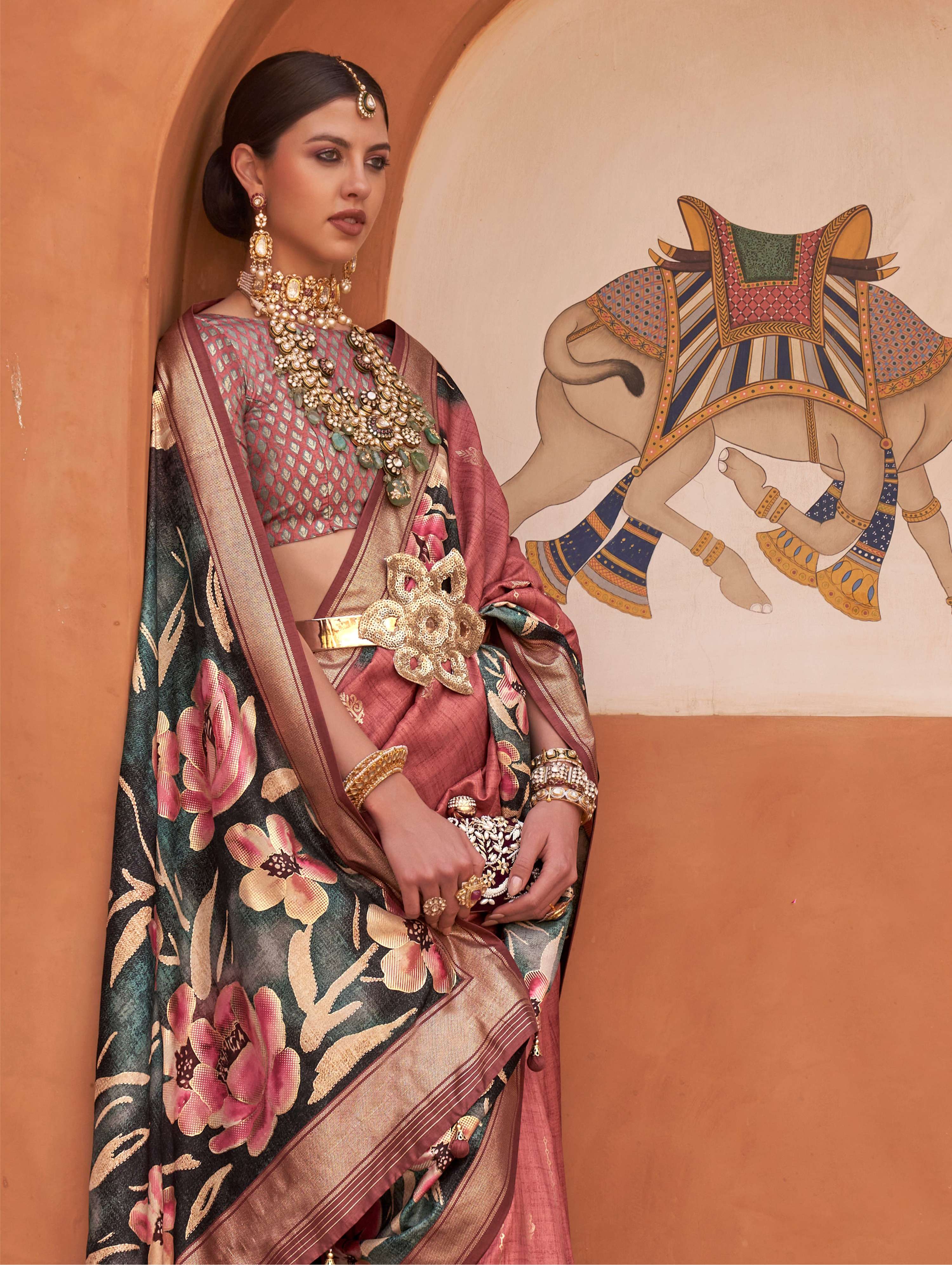 Rust Color Digitally Printed Soft Silk Saree with Blouse