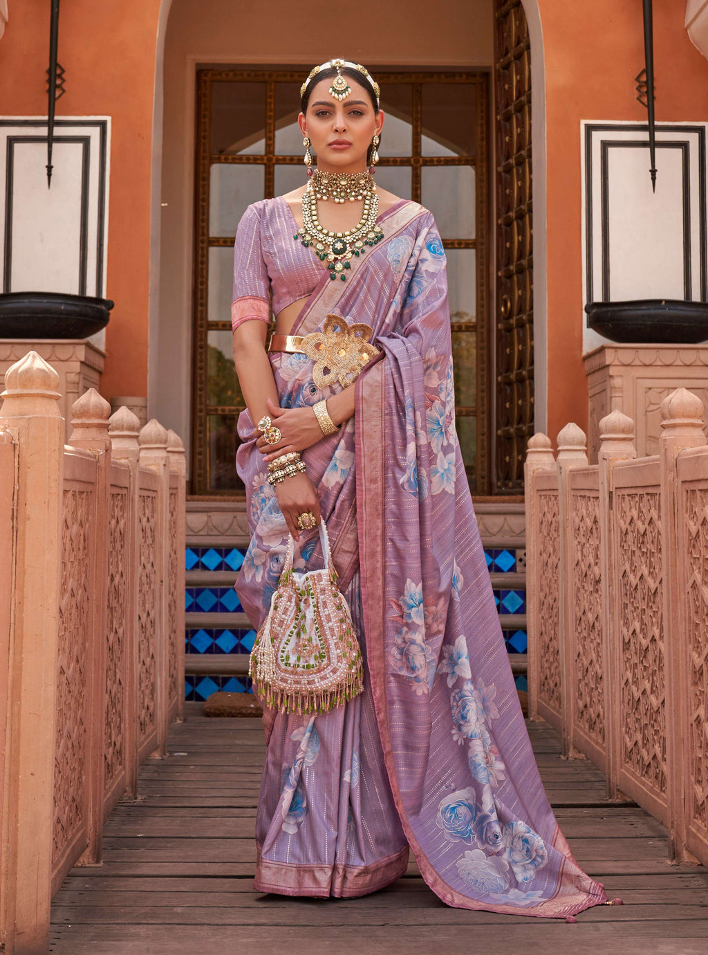 Lavender soft silk saree with floral digital prints and matching blouse