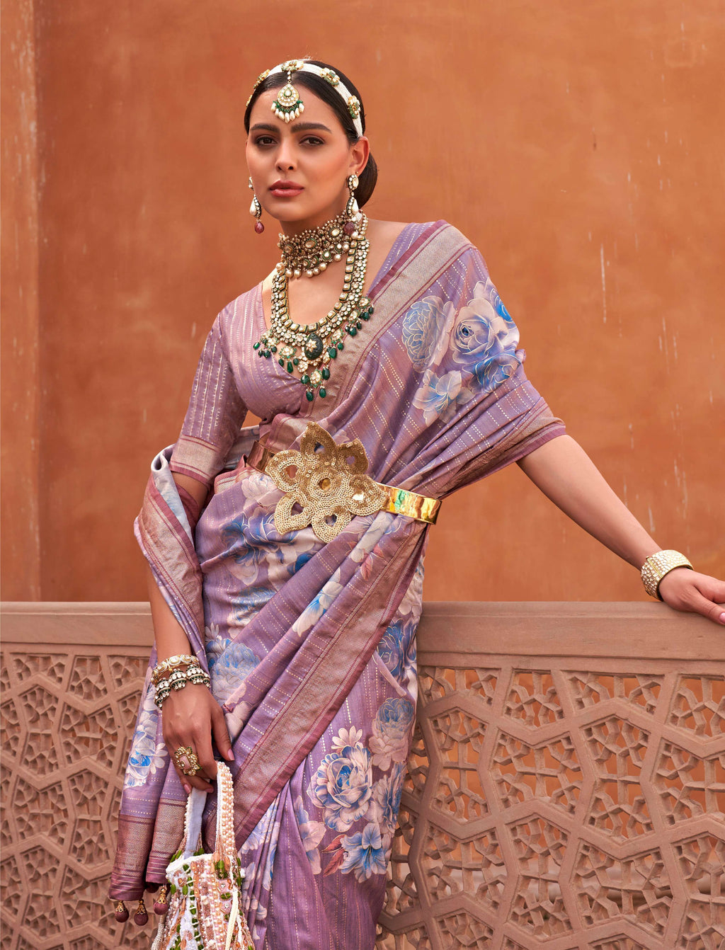 Lavender Digitally Printed Soft Silk Saree with Blouse