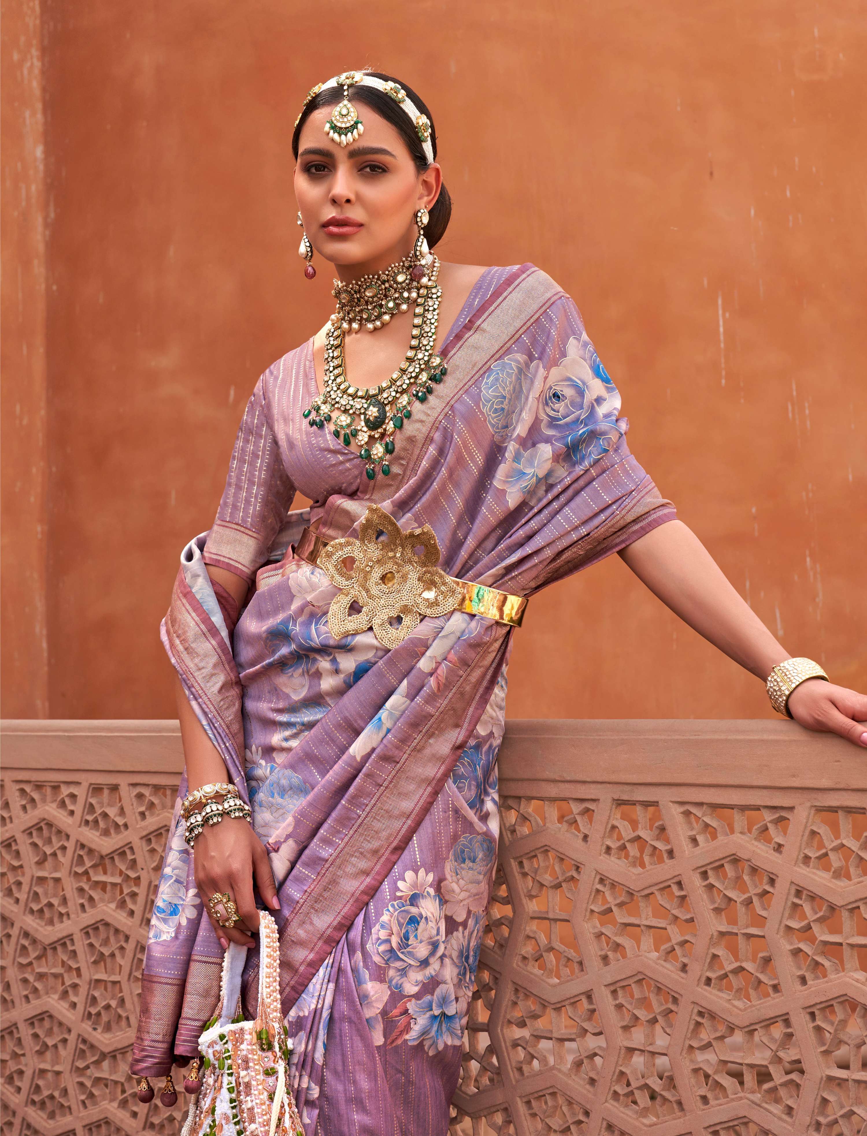 Lavender Digitally Printed Soft Silk Saree with Blouse