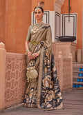 Light brown soft silk saree with digital print and weaving detail