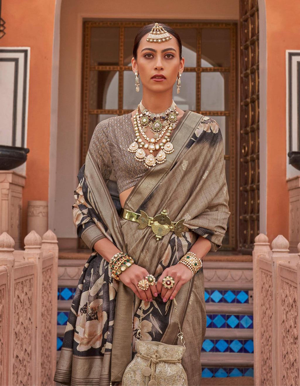 Light Brown Digitally Printed Soft Silk Saree with Blouse
