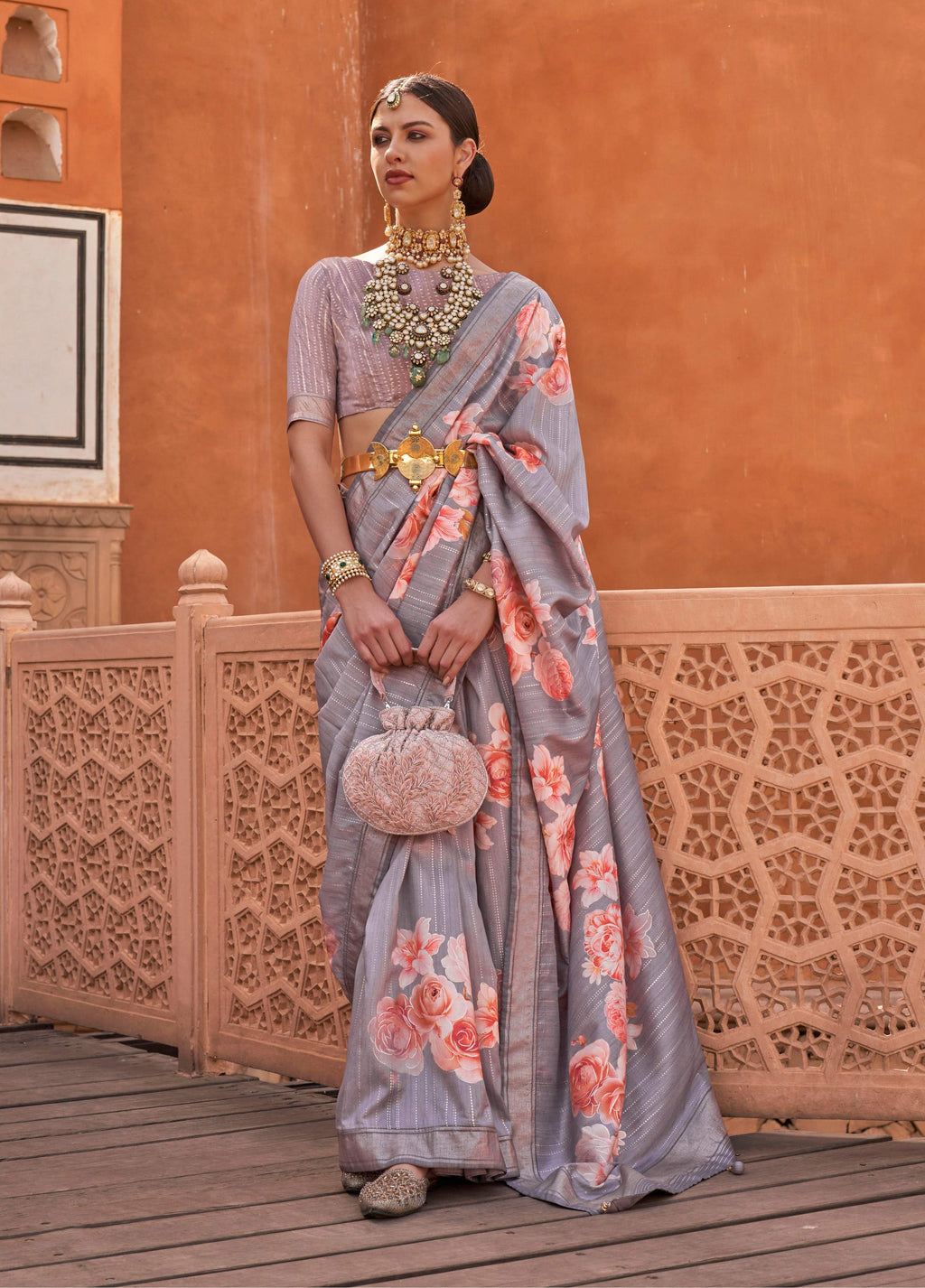 Elegant light grey soft silk saree with digital weaving prints and matching blouse