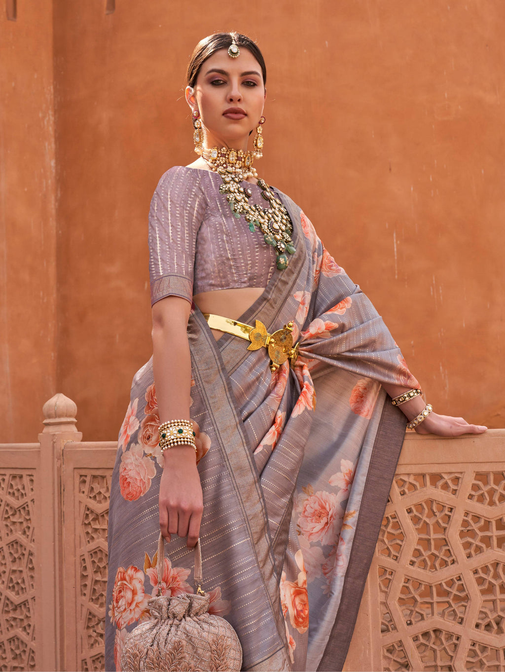 Light Grey Soft Silk Saree with Digital Print and Blouse