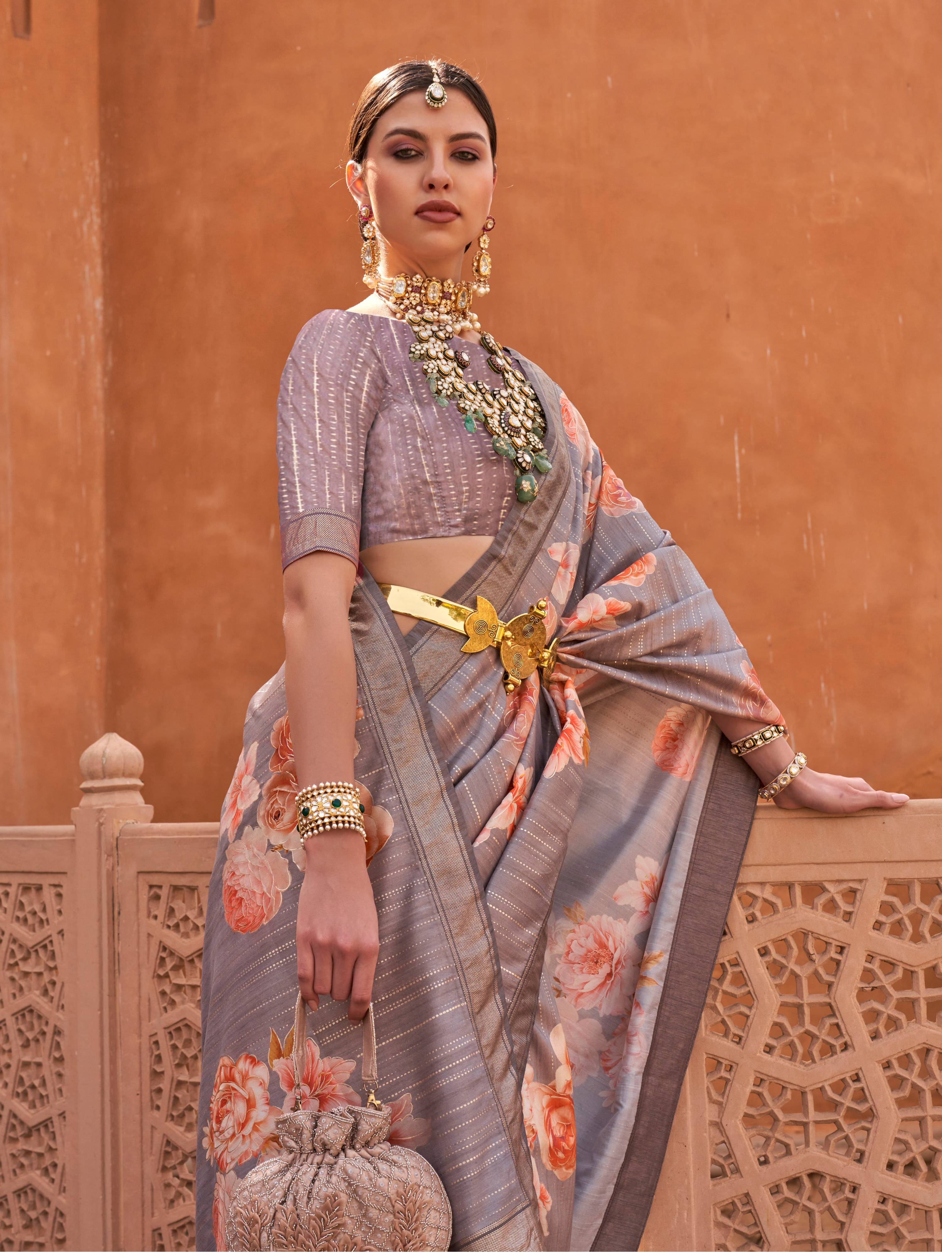 Light Grey Soft Silk Saree with Digital Print and Blouse