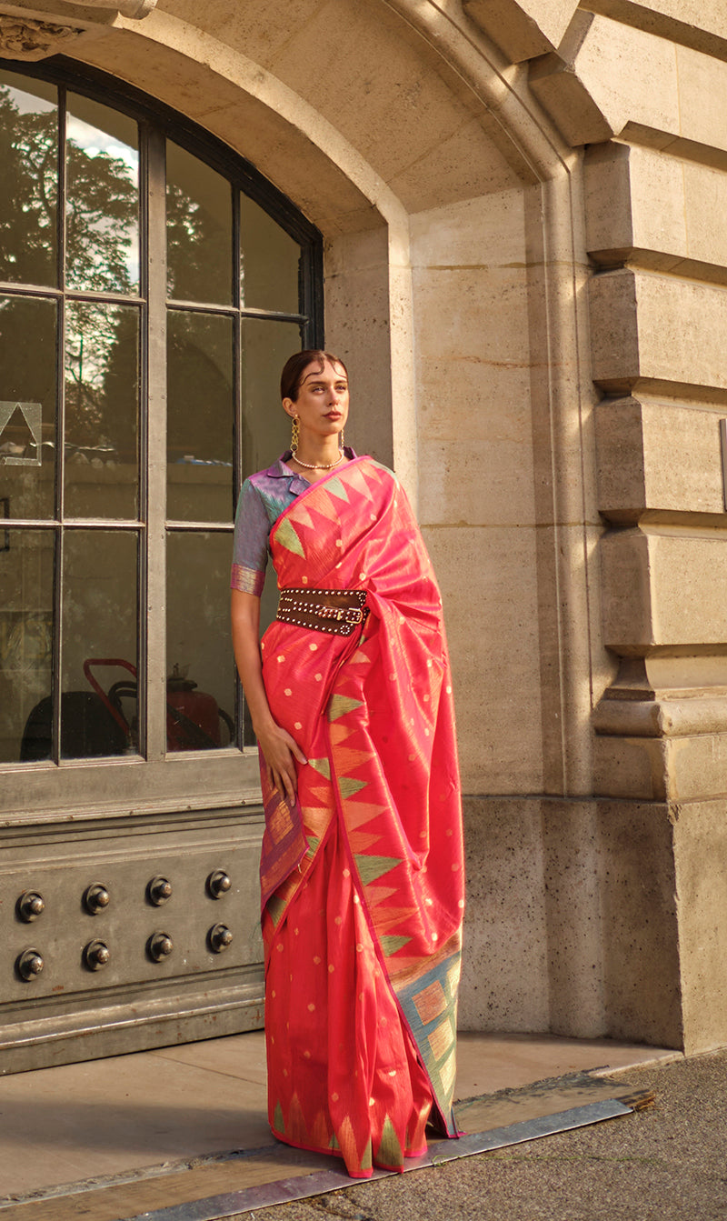 Scarlet red traditional silk saree with ethnic woven detailing