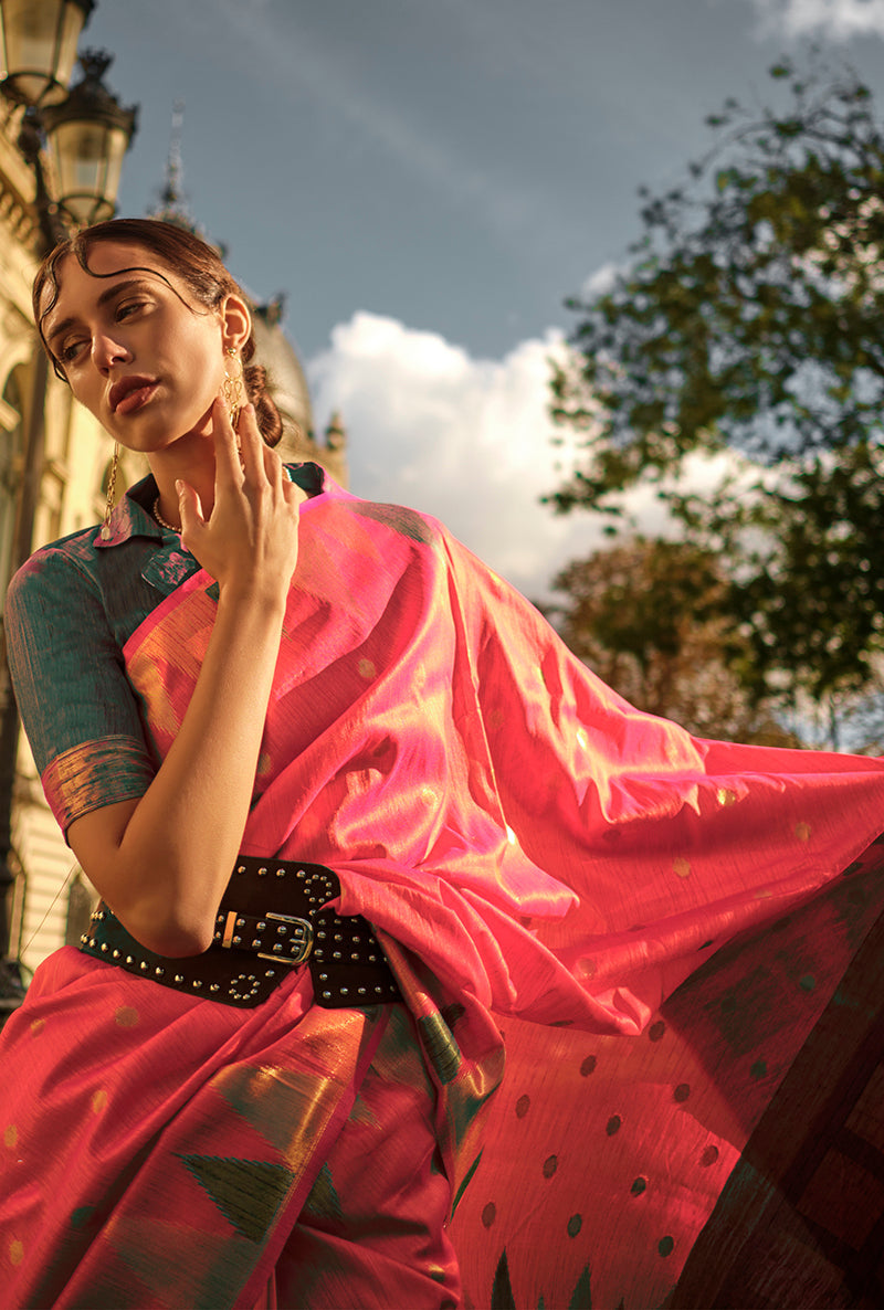 Scarlet Red Silk Traditional Saree with Ethnic Weaving