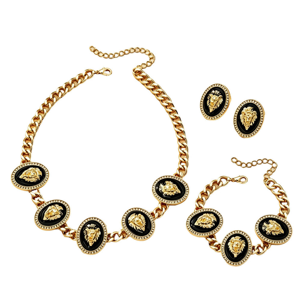 Women Vintage Black Enamel Portrait Head Chunky Cuban CZ 3Pcs Jewelry Set, Matching Necklace Stud Earrings Bracelet Gold Plated Retro Evening Party Gift