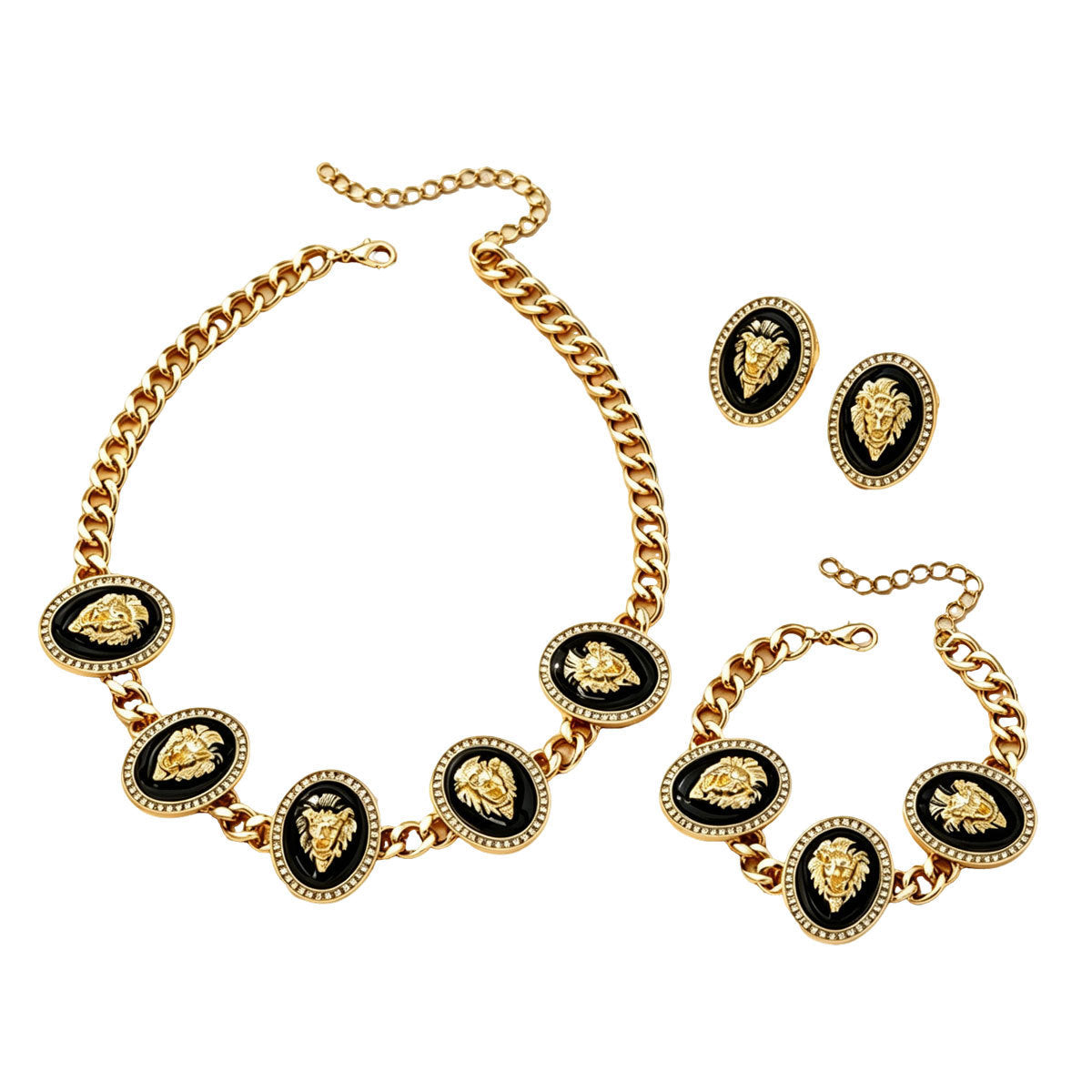 Women Vintage Black Enamel Portrait Head Chunky Cuban CZ 3Pcs Jewelry Set, Matching Necklace Stud Earrings Bracelet Gold Plated Retro Evening Party Gift
