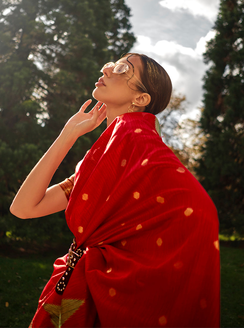 Red Silk Traditional Saree with Elegant Ethnic Weaving