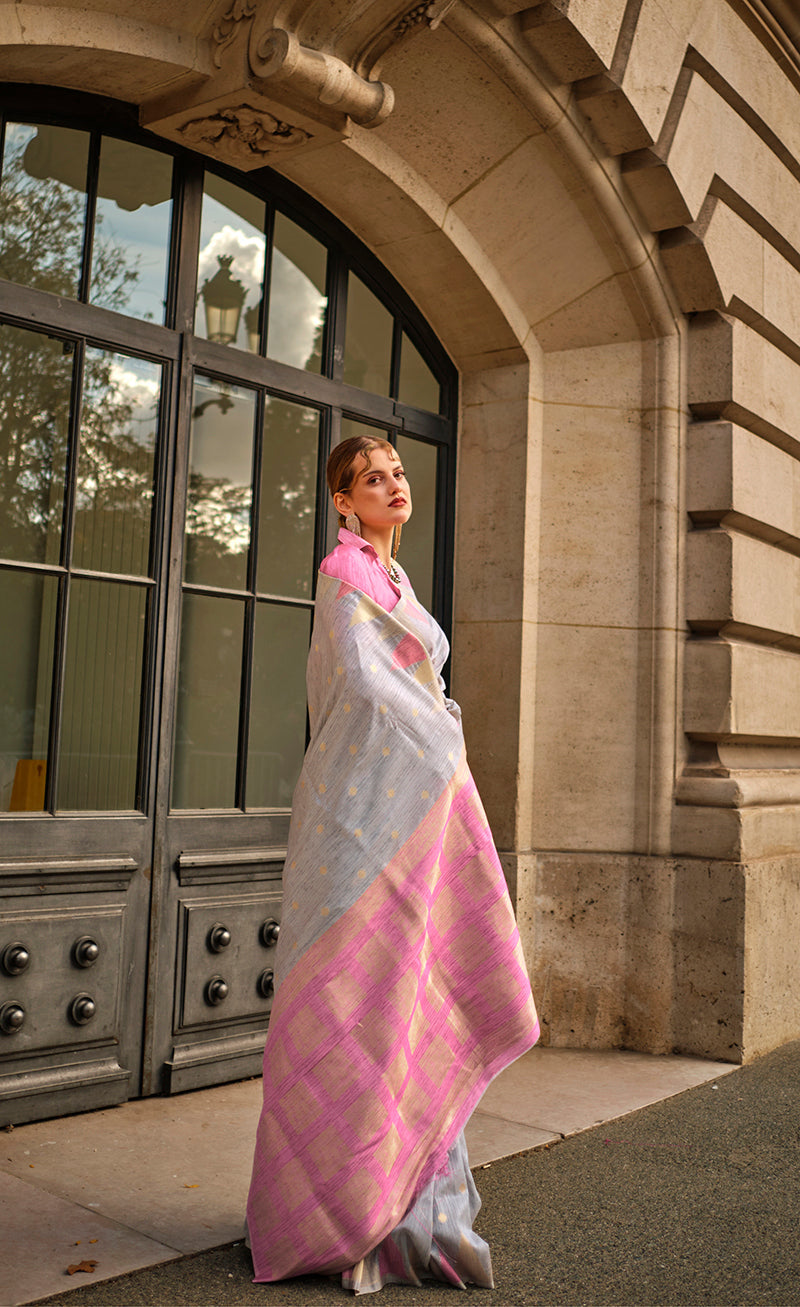 Grey and Pink Traditional Woven Silk Saree for Women