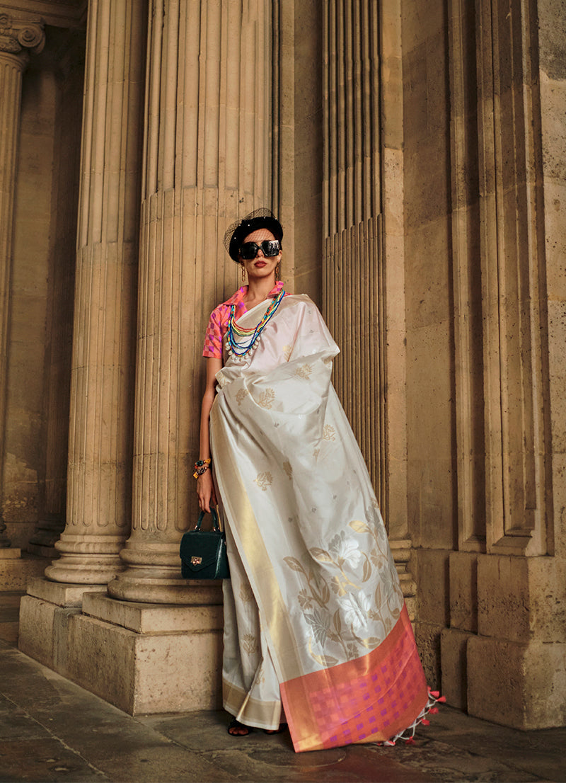 Off white soft silk designer saree for ceremonial occasions