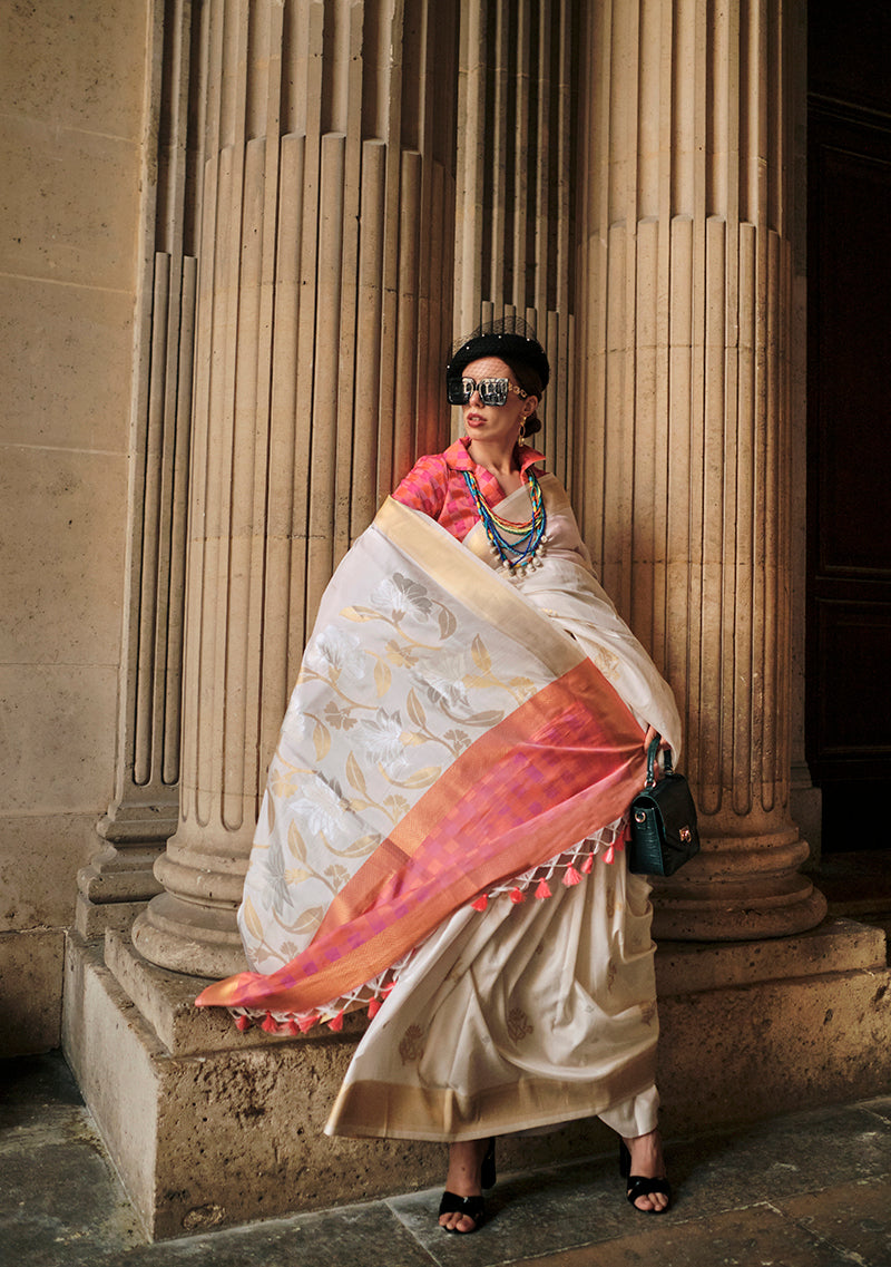 Off White Soft Silk Ceremonial Designer Saree for Elegant Events