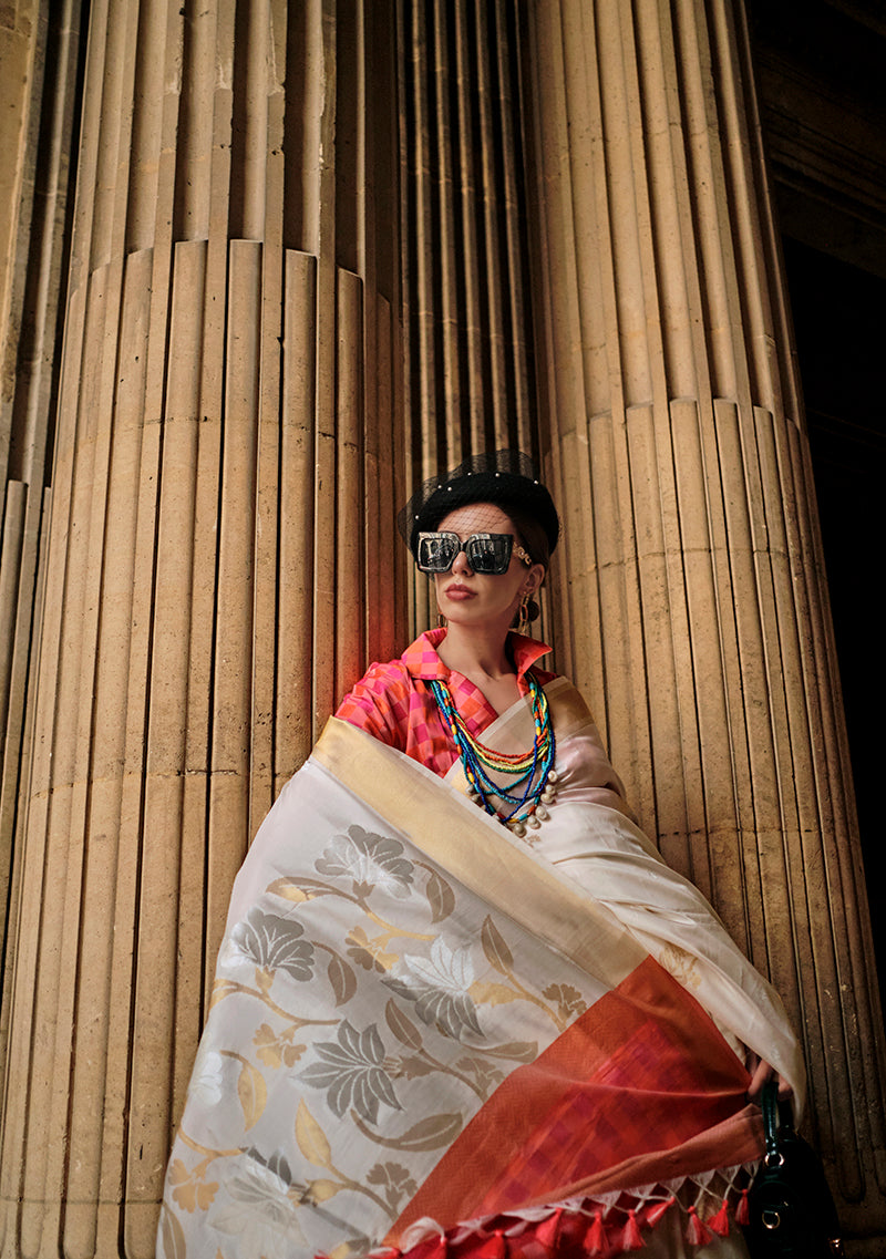 Off White Soft Silk Ceremonial Designer Saree for Elegant Events