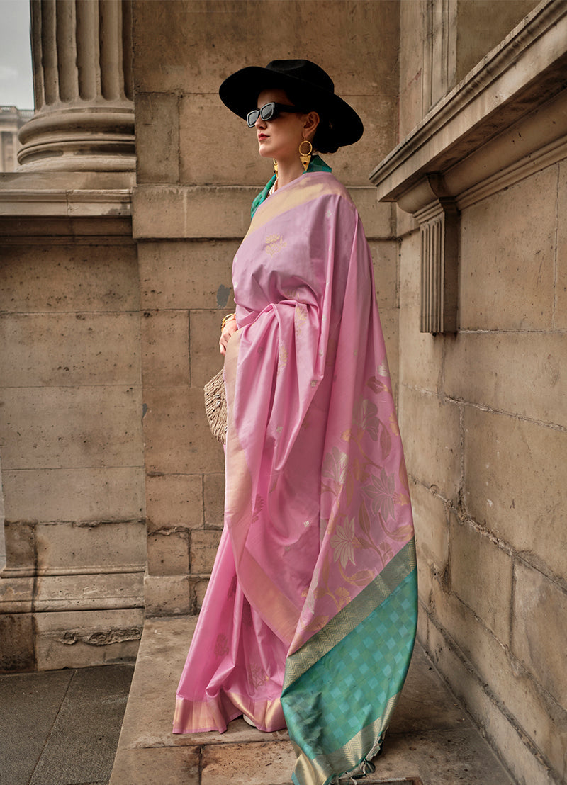 Light pink soft silk designer saree for festive and ceremonial wear