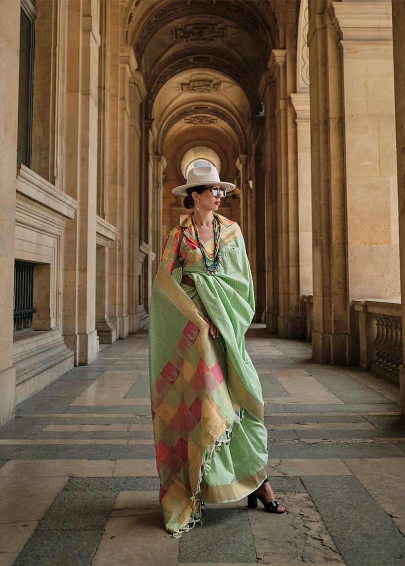 Monjolika Fashion Light Green Soft Silk Ceremonial Designer Saree