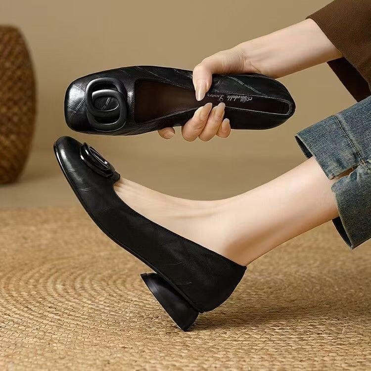 Women's Dark Brown Round Toe Slip-On Flats with Chunky Heel - Image 3