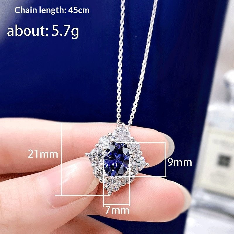 Sapphire Blue Zircon Flower Pendant Necklace For Women