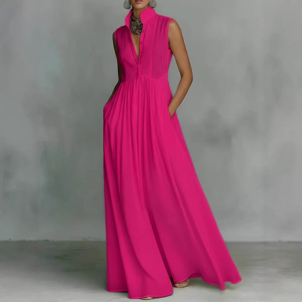 Women's Sleeveless Stand Collar Maxi Dress with Pockets - Image 3