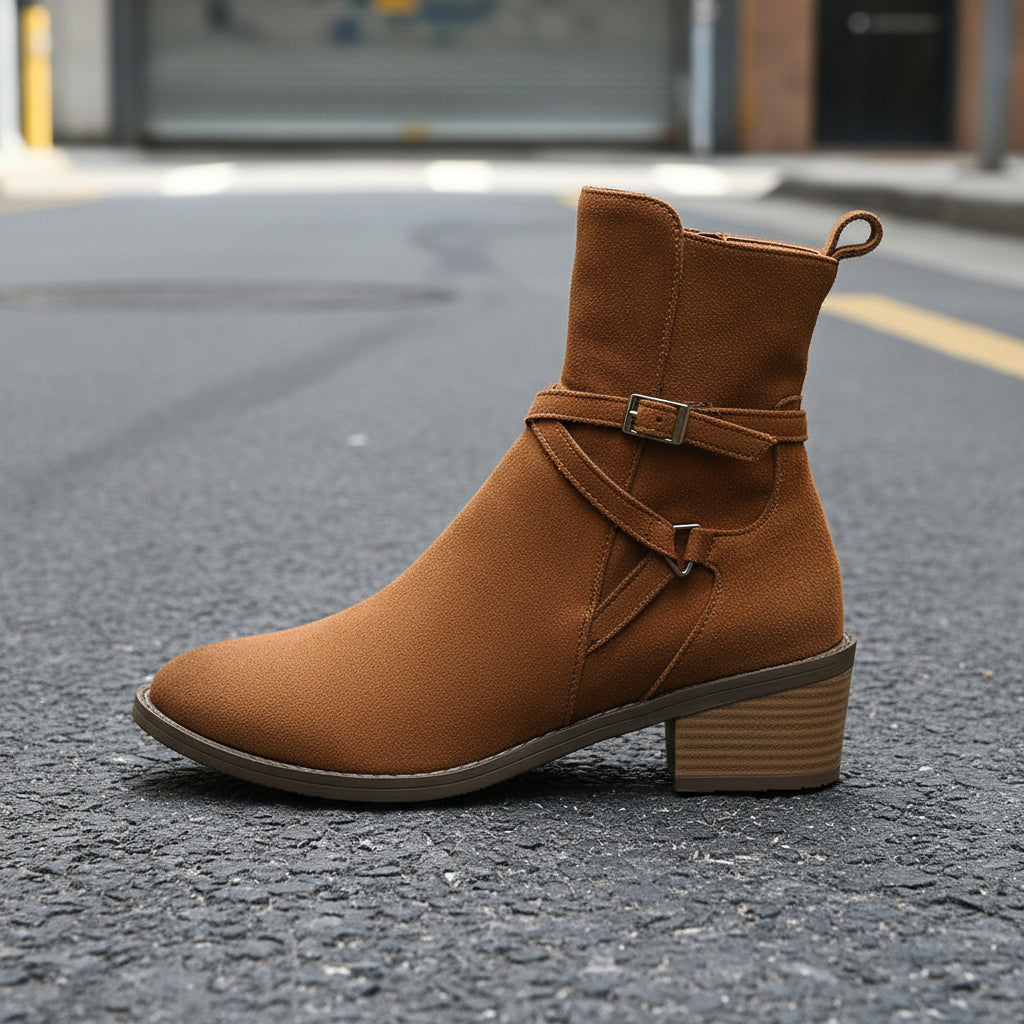 Cross-Strap Side-Zipper Mid-Heel Ankle Boots Women