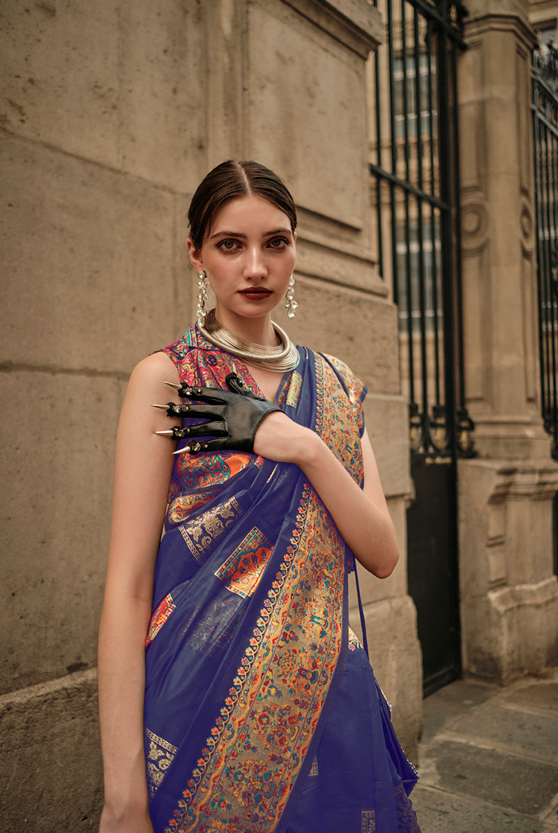 Slate Blue Silk Woven Saree for Festive Occasions