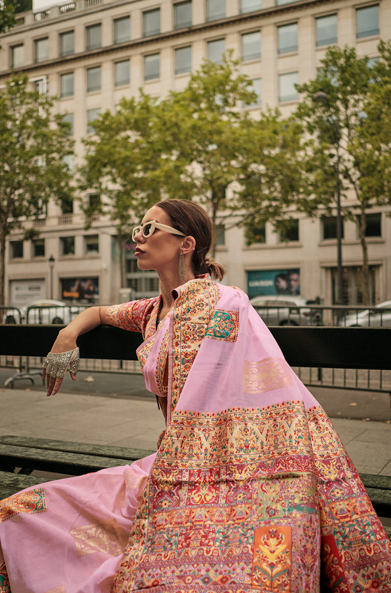 Light Pink Woven Silk Saree for Festival Wear