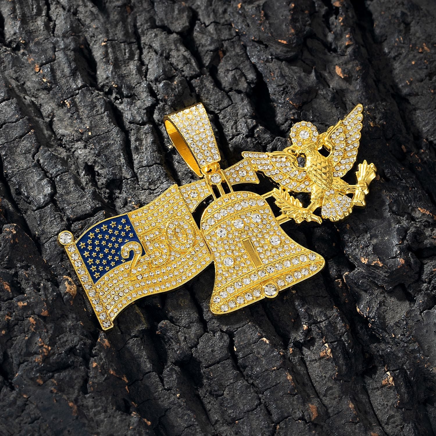 American 250Th Anniversary Liberty Bell White Eagle Pendant Necklace Alloy Diamond-Encrusted Cuban Chain Hip-Hop Accessory