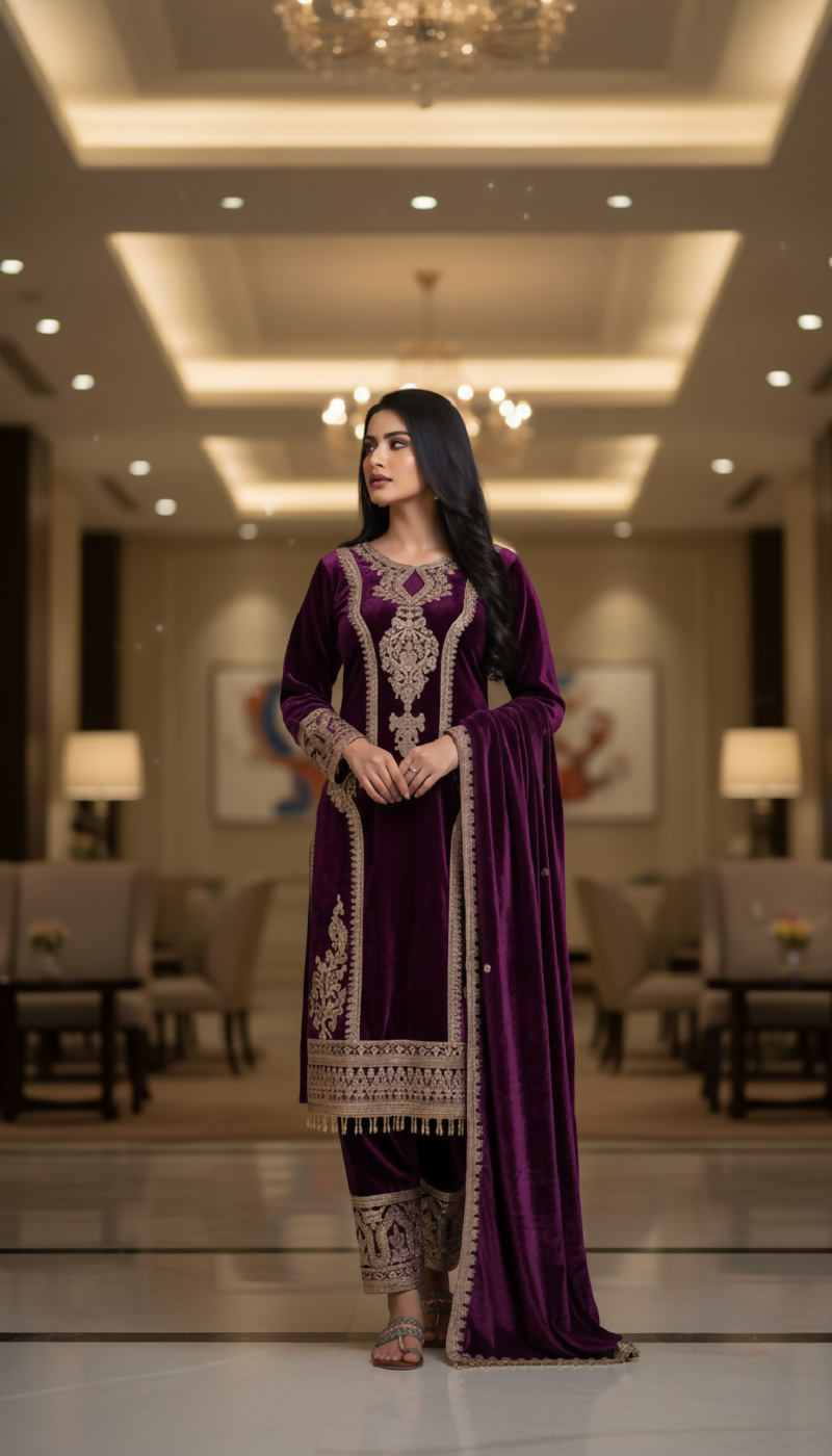 Purple Velvet Kurta Set with Embroidery and Sequence Work