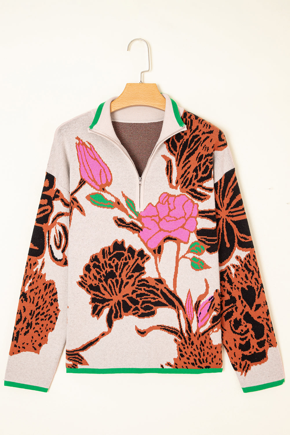 Floral Knit Quarter-Zip Long Sleeve Sweater