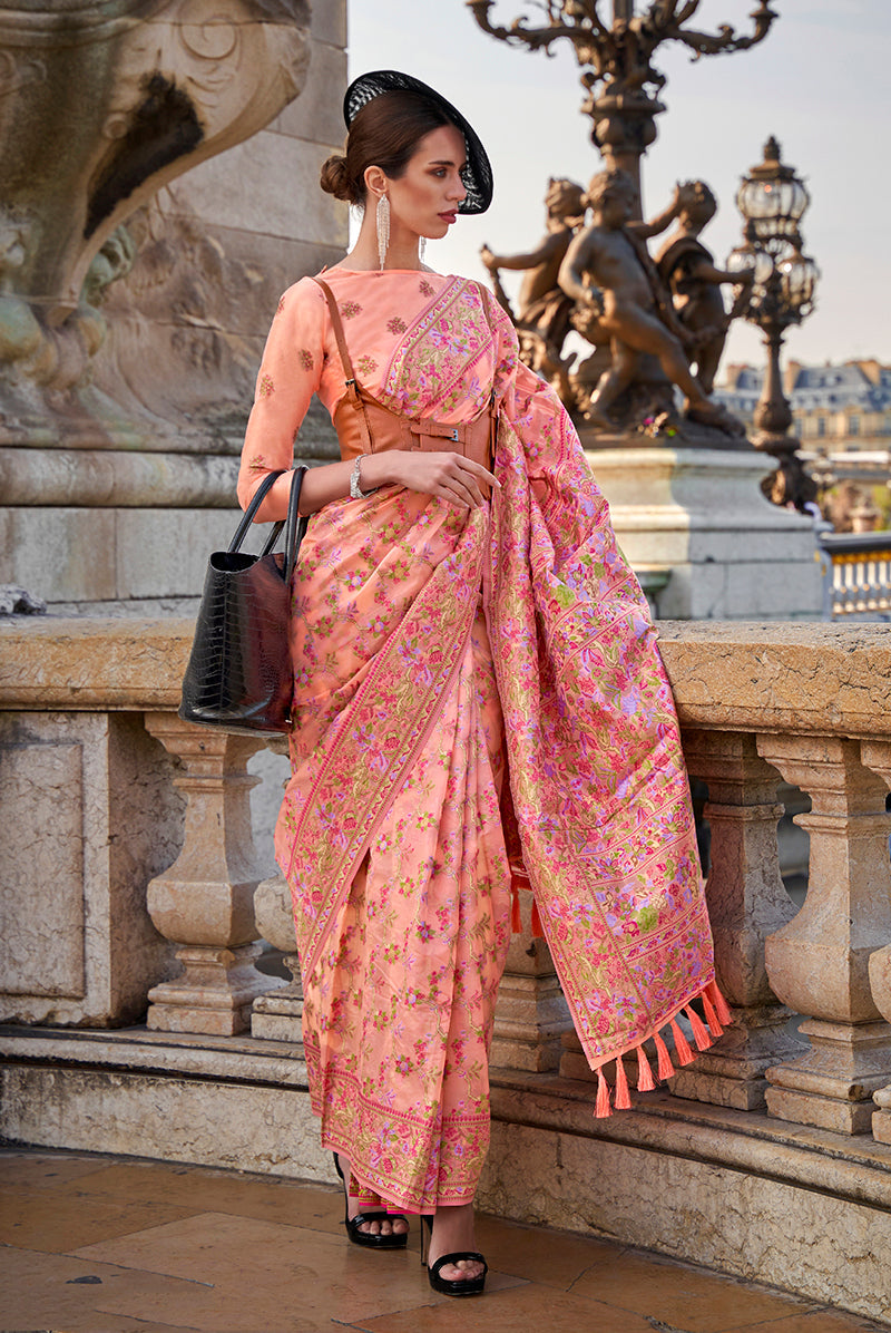 Peach organza contemporary saree with embellishments for modern festive style