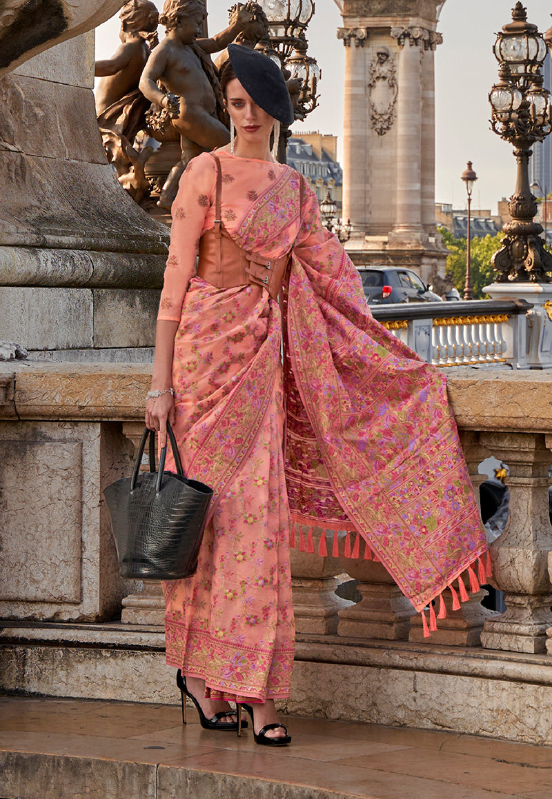 Peach Embellished Organza Contemporary Saree