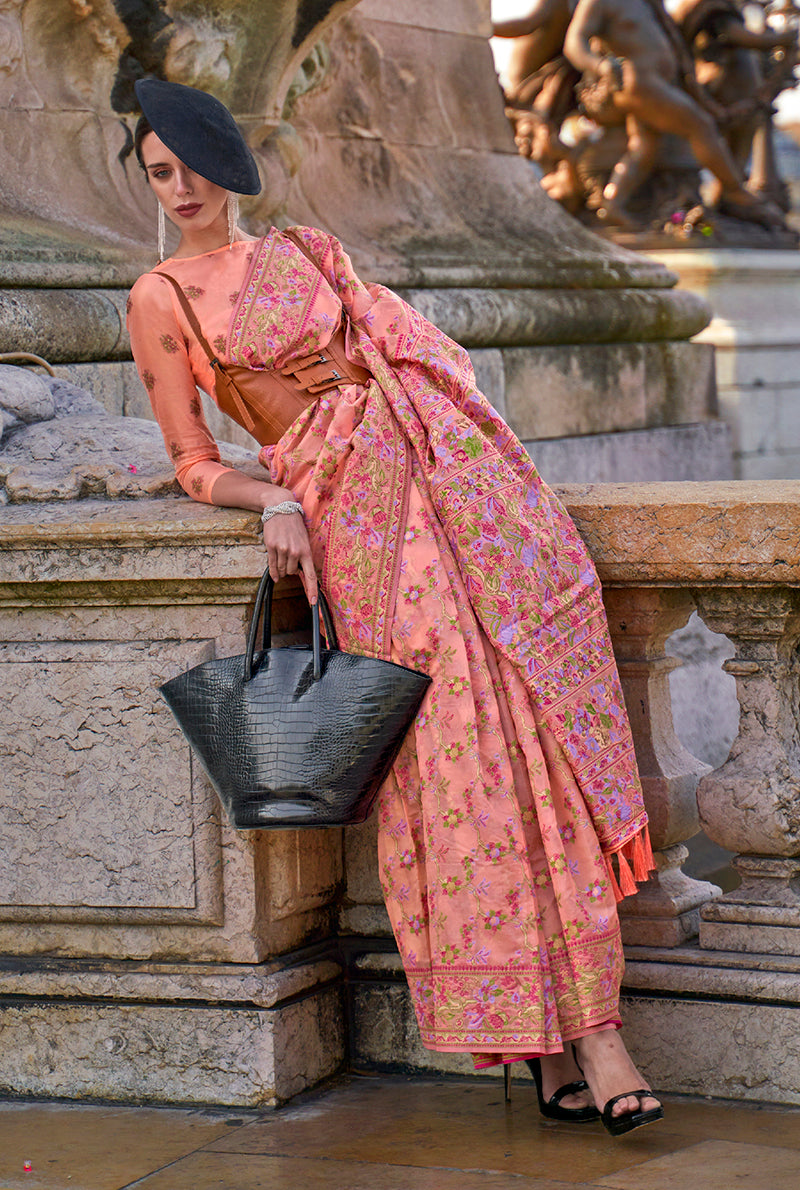 Peach Embellished Organza Contemporary Saree