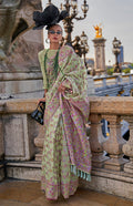 A stunning light green organza saree with elegant embellishments.