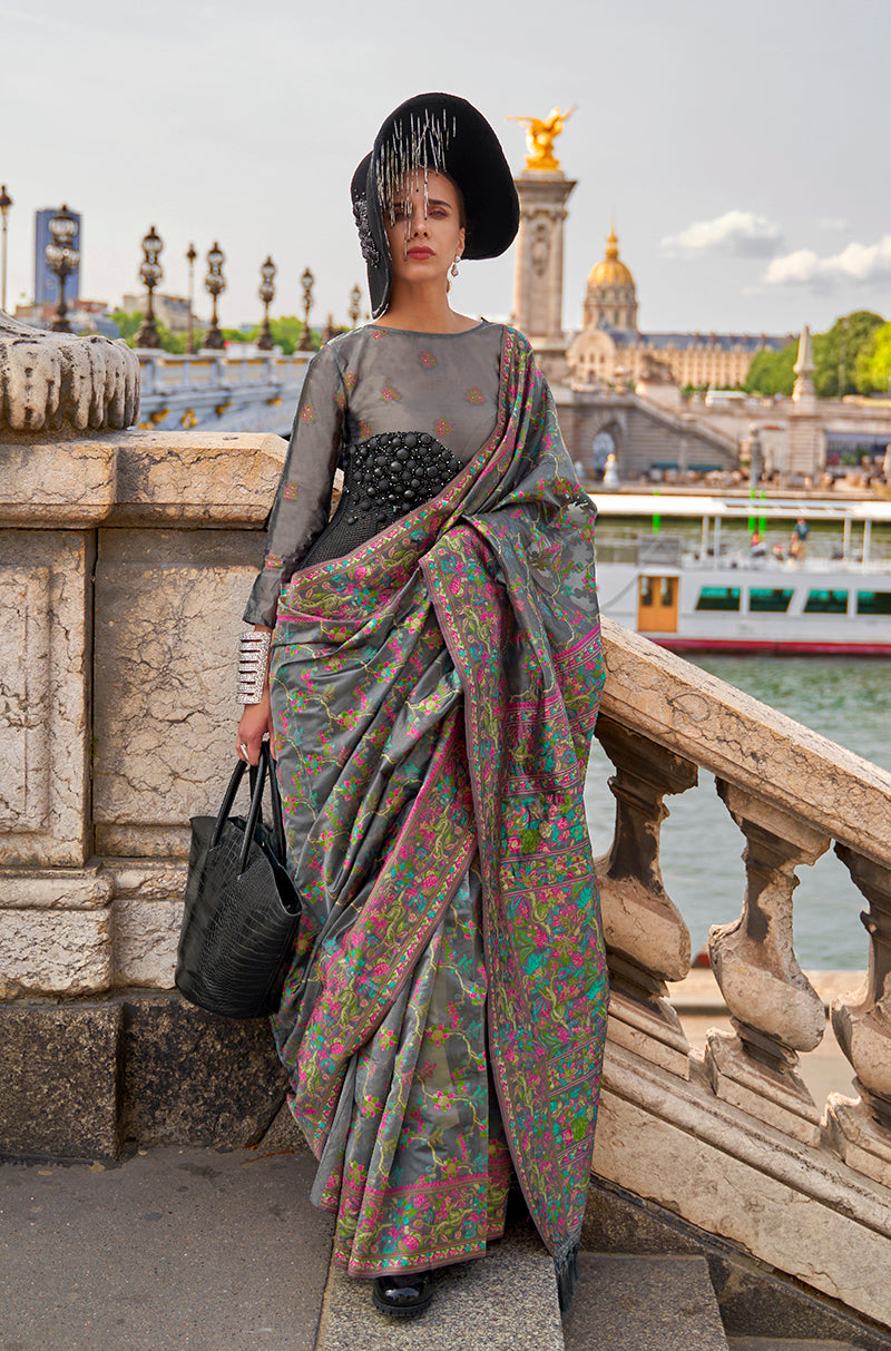 Monjolika Fashion Grey Emblished Organza Contemporary Saree