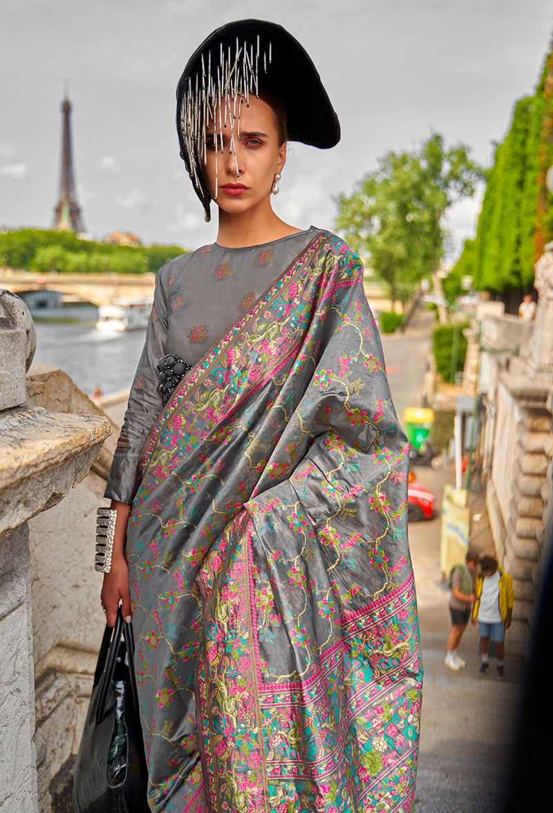 Monjolika Fashion Grey Emblished Organza Contemporary Saree
